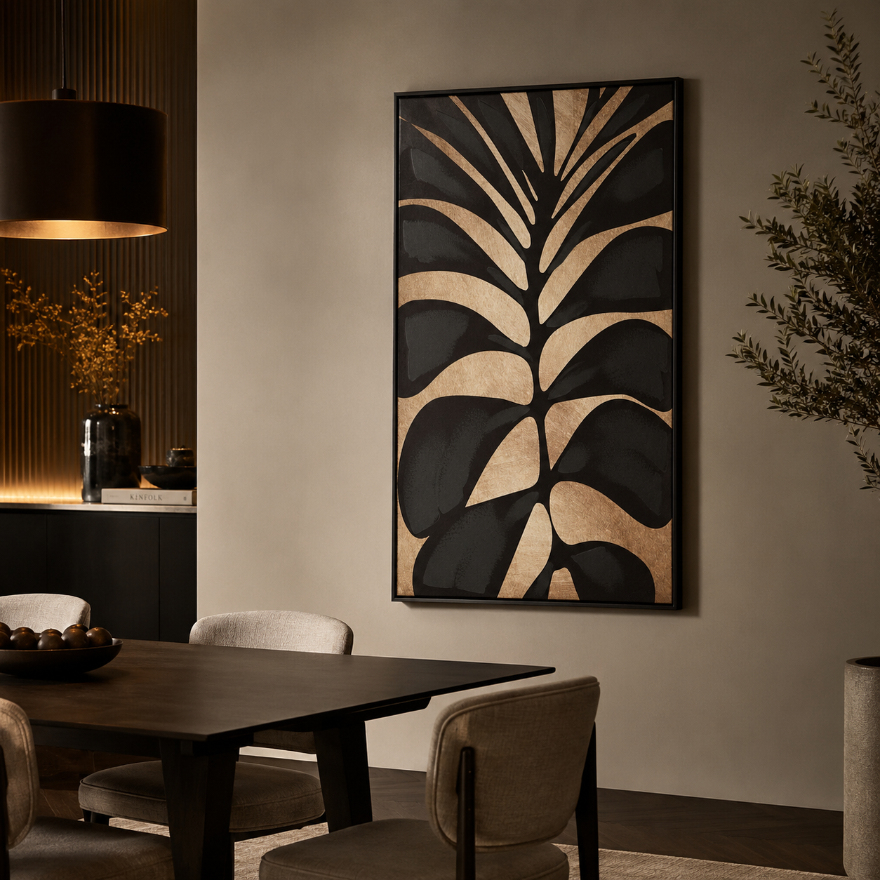Canvas Gold Leaf Design Black Wall Art | Pine Frame UK