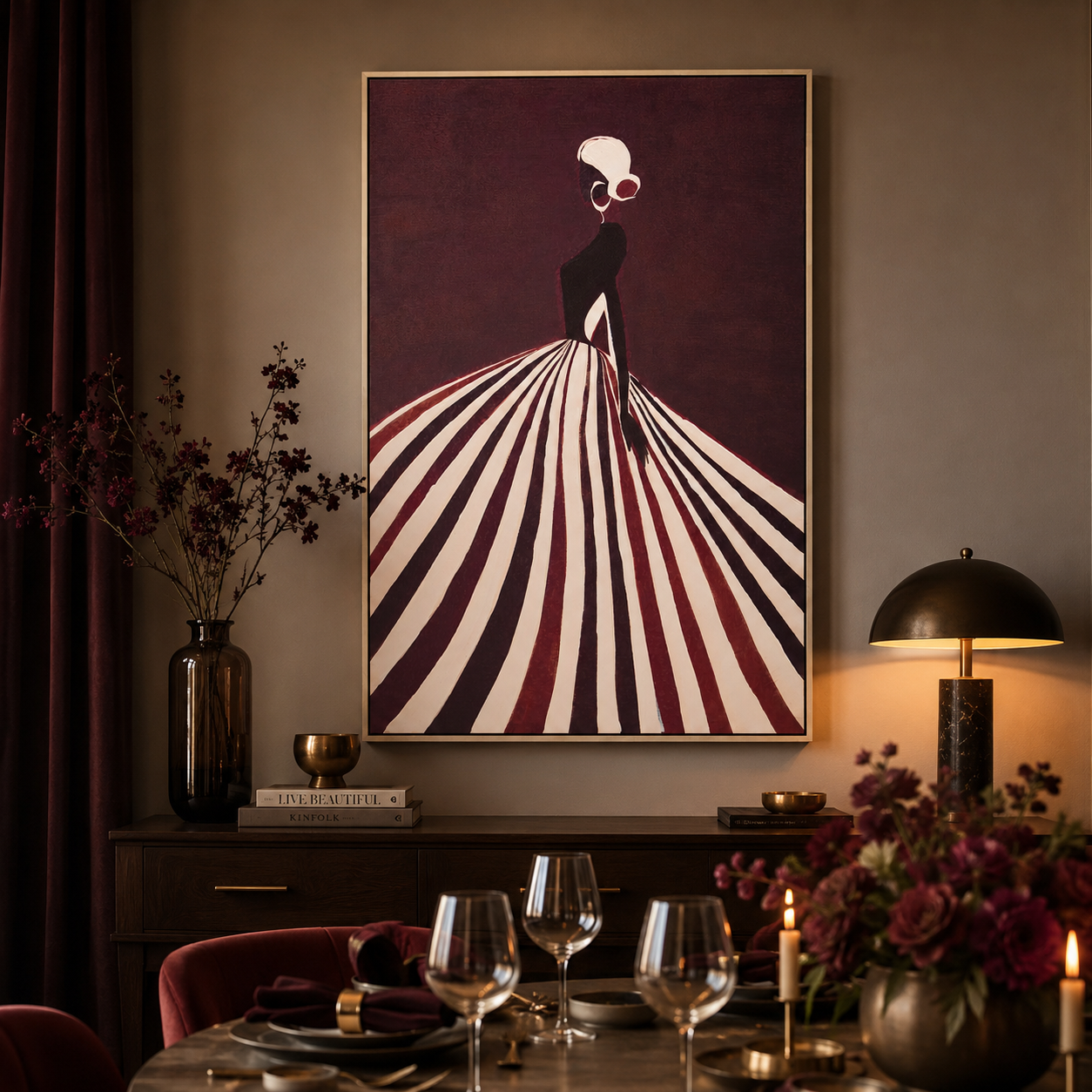 Canvas Hand-Painted Woman Silhouette Wall Art | Striped Dress UK