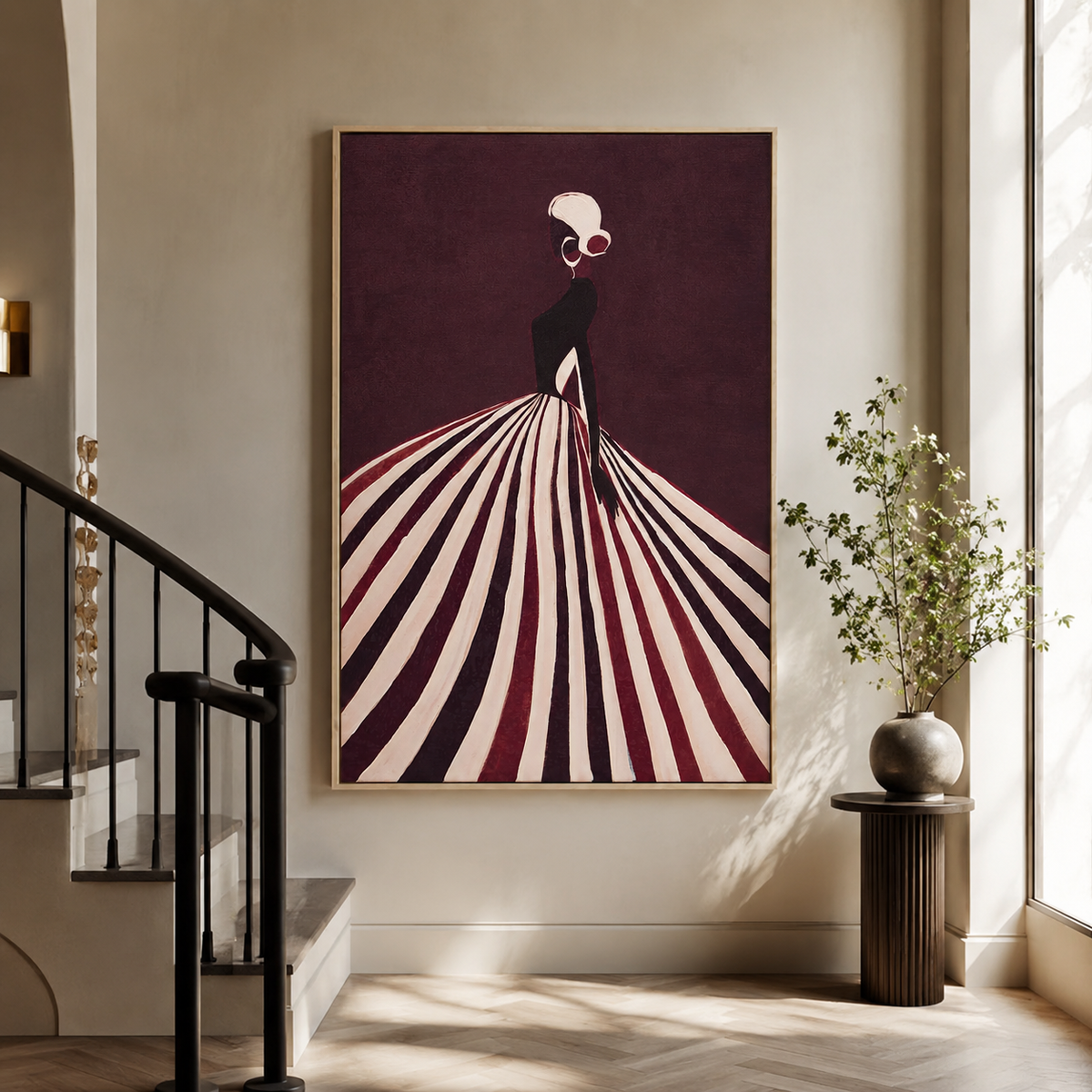 Canvas Hand-Painted Woman Silhouette Wall Art | Striped Dress UK