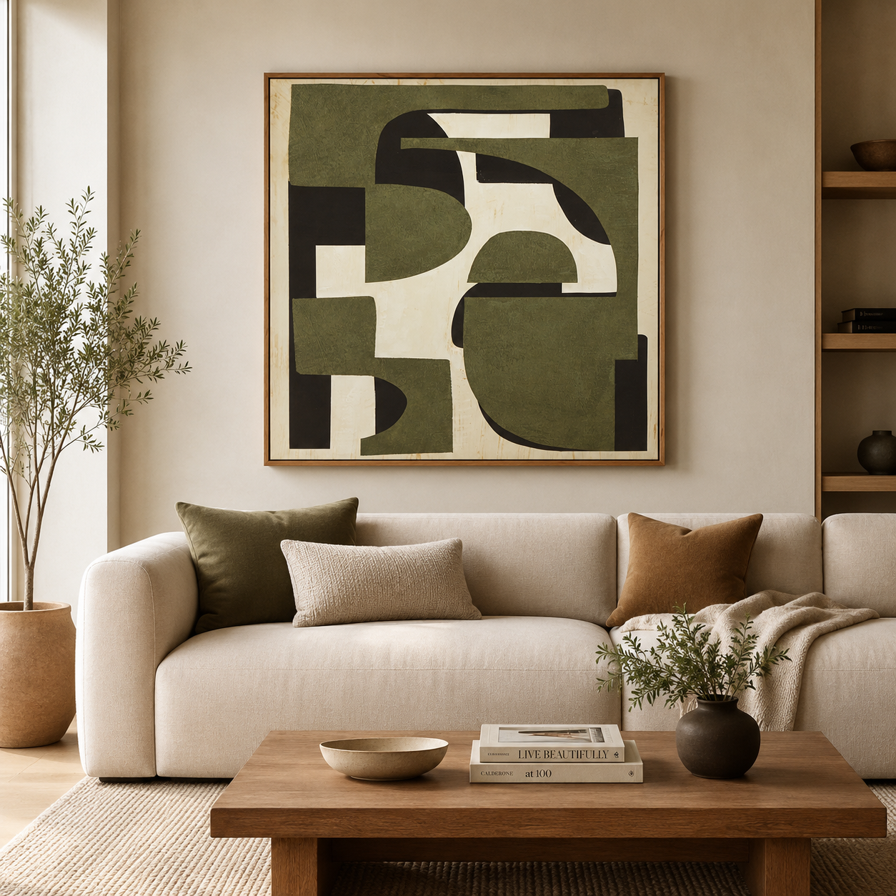 Canvas Textured Olive Green Abstract Wall Art | Pine Frame UK