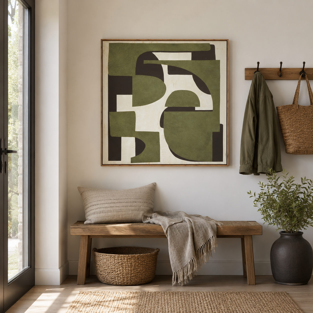 Canvas Textured Olive Green Abstract Wall Art | Pine Frame UK