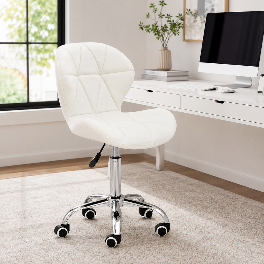 Velvet Quilted Kayla White Home Office Chair | Chrome Base UK