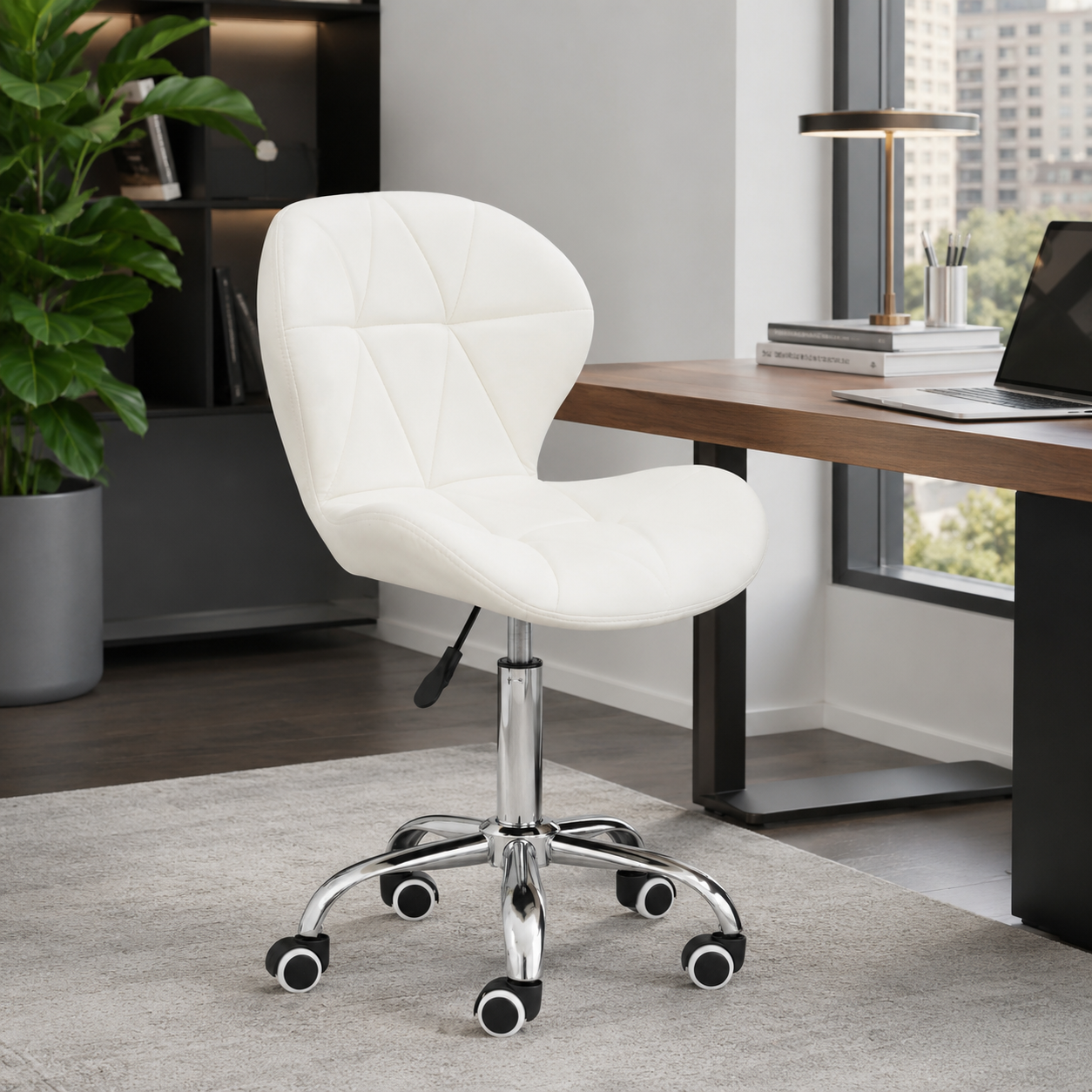Velvet Quilted Kayla White Home Office Chair | Chrome Base UK