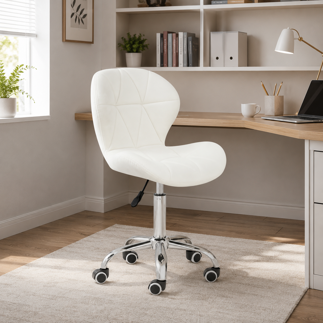 Velvet Quilted Kayla White Home Office Chair | Chrome Base UK
