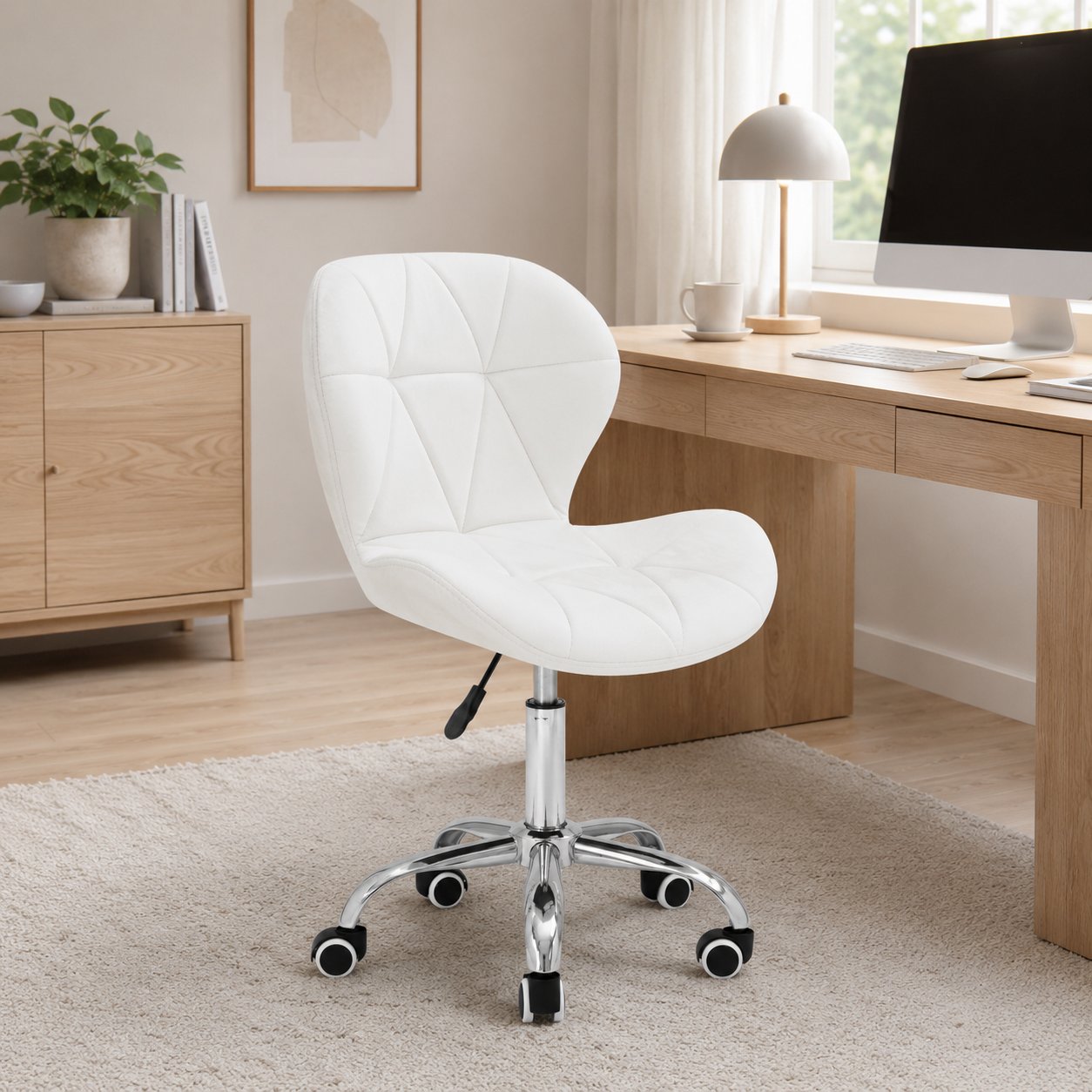 Velvet Quilted Kayla White Home Office Chair | Chrome Base UK