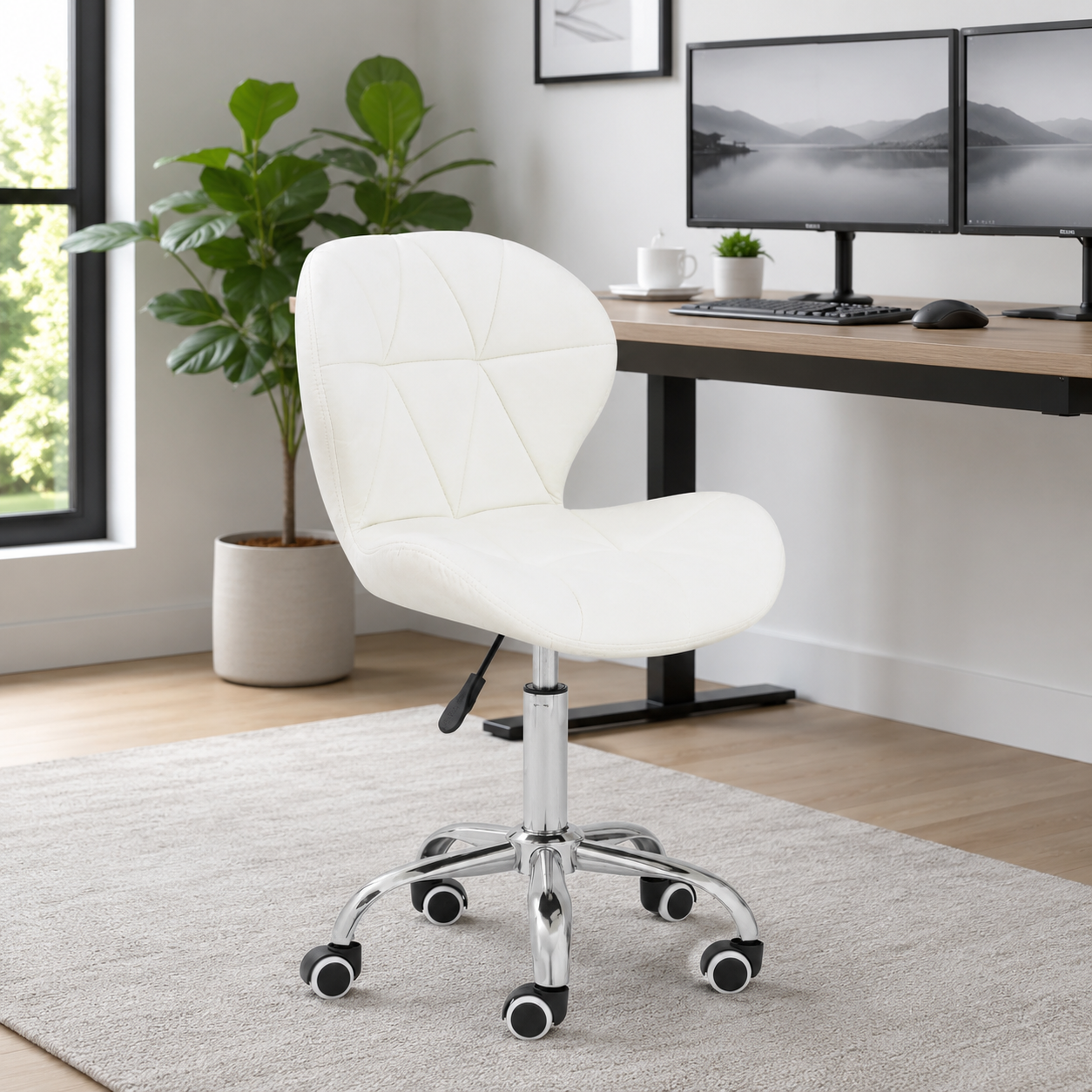 Velvet Quilted Kayla White Home Office Chair | Chrome Base UK