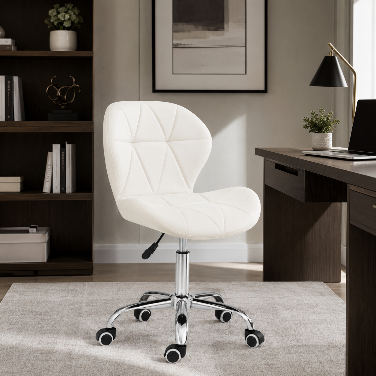 Velvet Quilted Kayla White Home Office Chair | Chrome Base UK