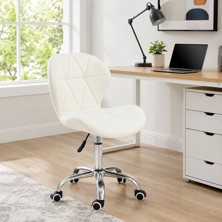 Velvet Quilted Kayla White Home Office Chair | Chrome Base UK
