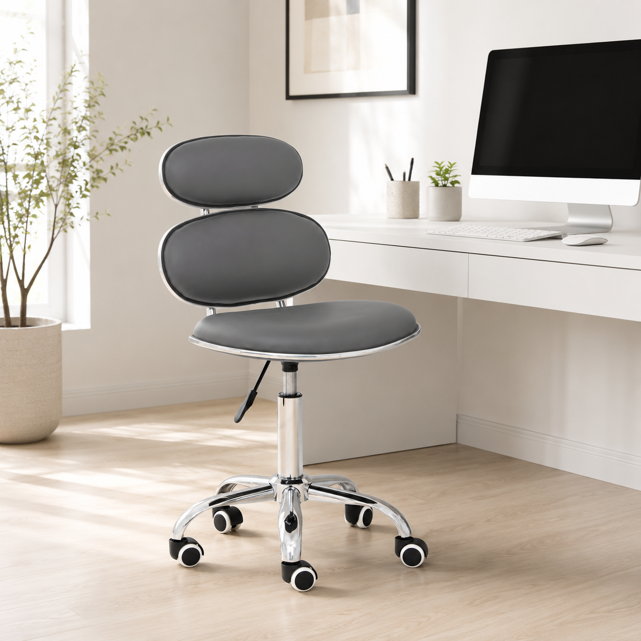PU Leather Jaasiel Grey Home Office Chair | Swivel Castors UK
