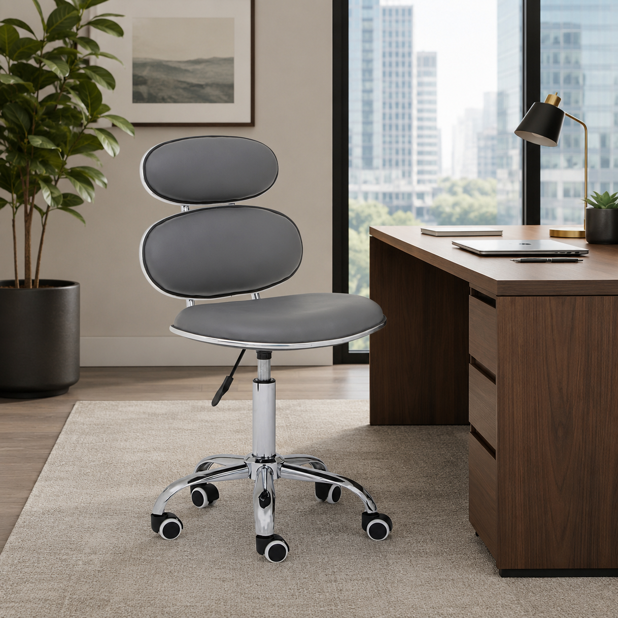 PU Leather Jaasiel Grey Home Office Chair | Swivel Castors UK