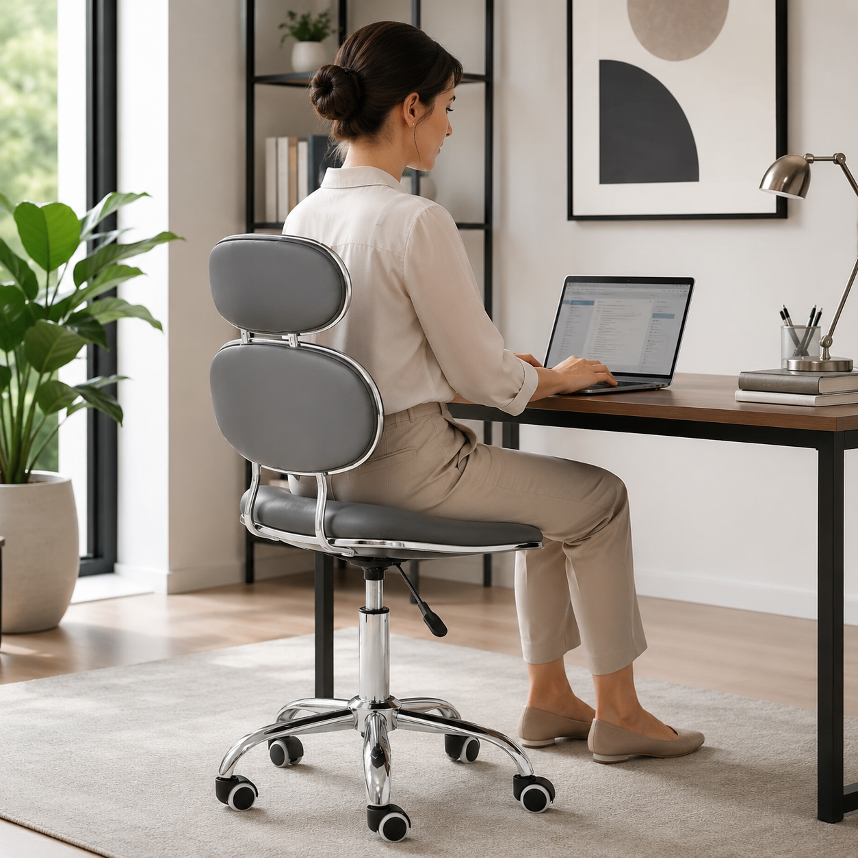 PU Leather Jaasiel Grey Home Office Chair | Swivel Castors UK