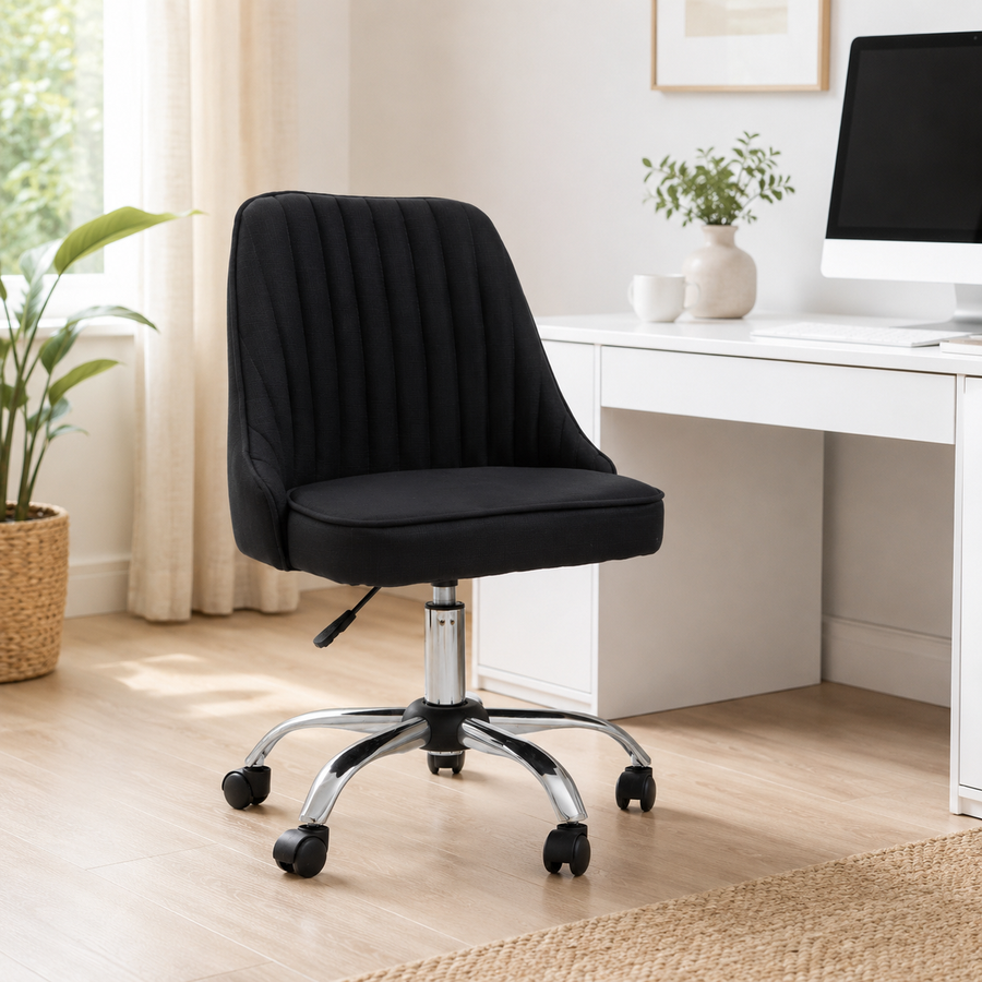 Fabric Channel-Tufted Jaasiel Black Swivel Chair | Chrome Base UK