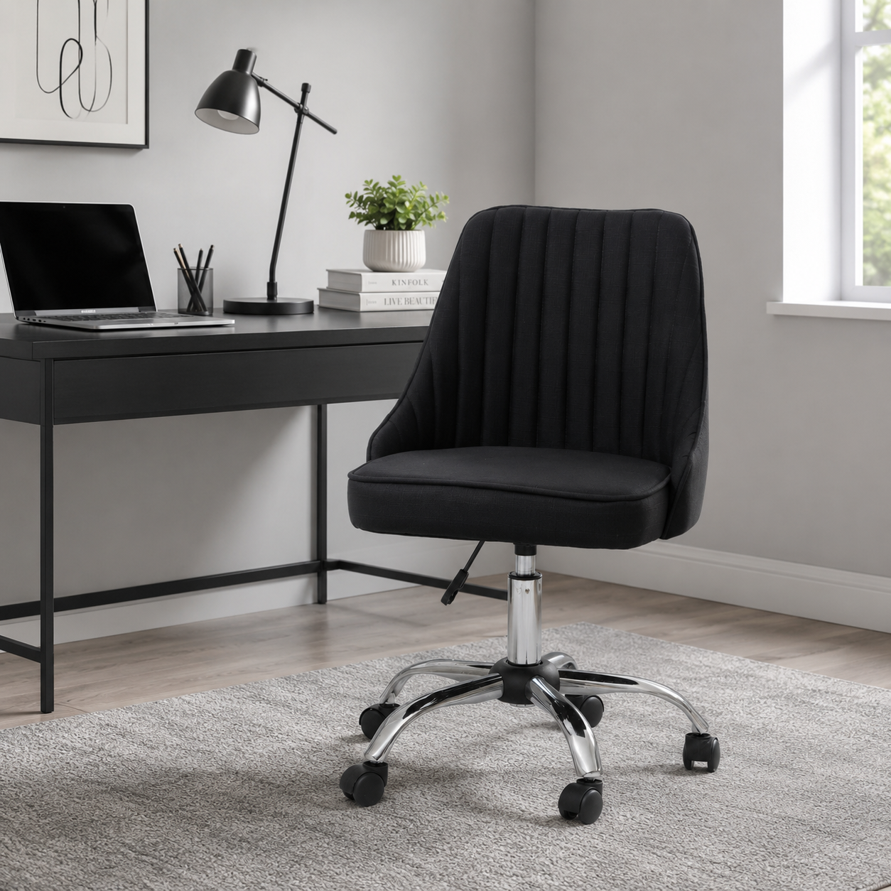 Fabric Channel-Tufted Jaasiel Black Swivel Chair | Chrome Base UK