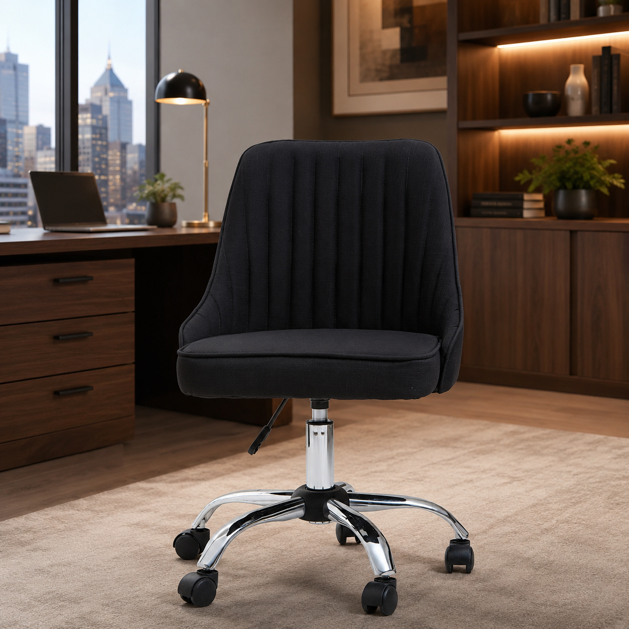 Fabric Channel-Tufted Jaasiel Black Swivel Chair | Chrome Base UK