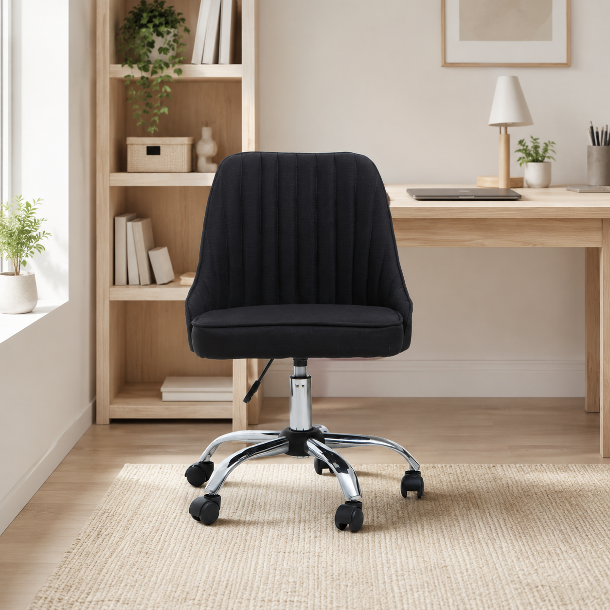 Fabric Channel-Tufted Jaasiel Black Swivel Chair | Chrome Base UK