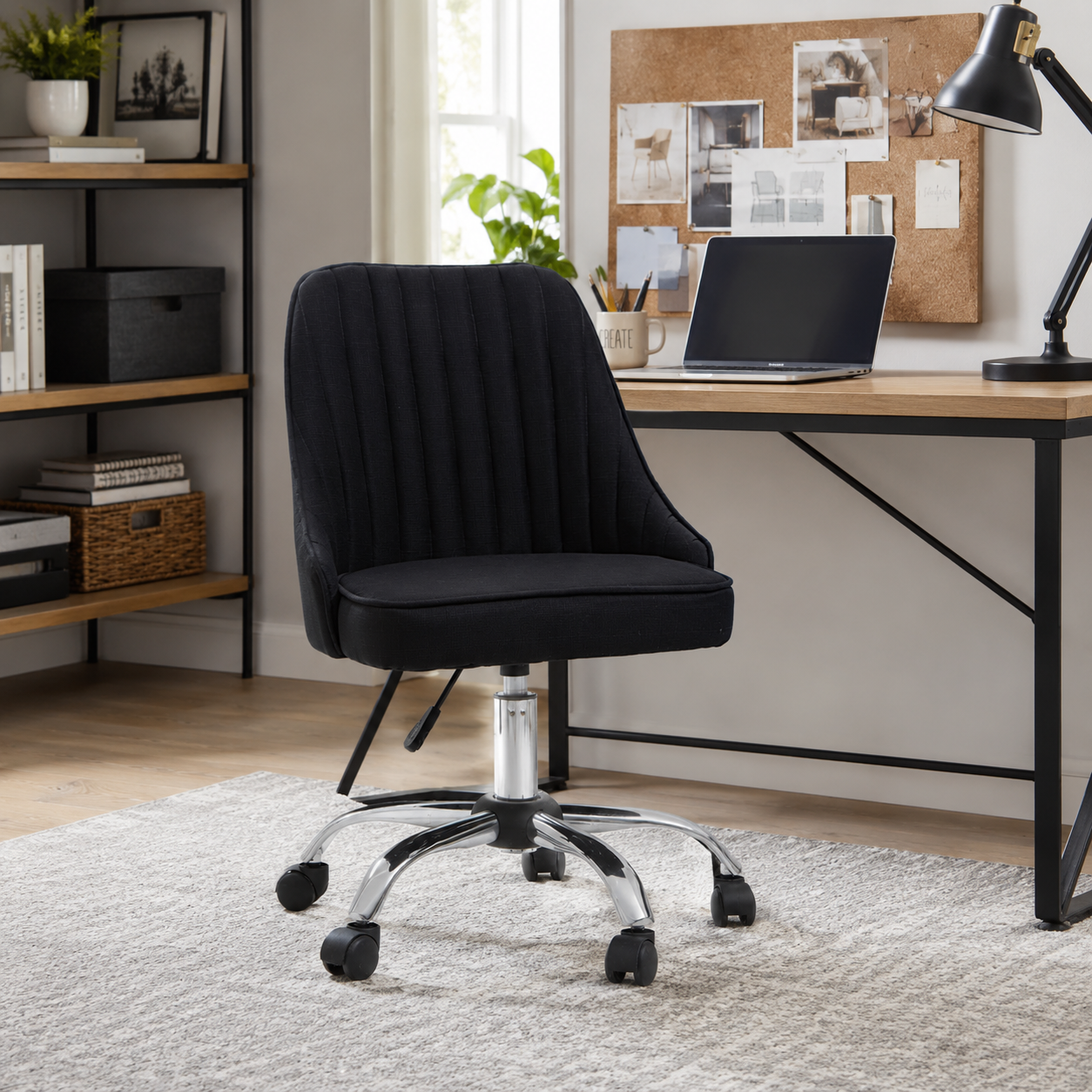 Fabric Channel-Tufted Jaasiel Black Swivel Chair | Chrome Base UK
