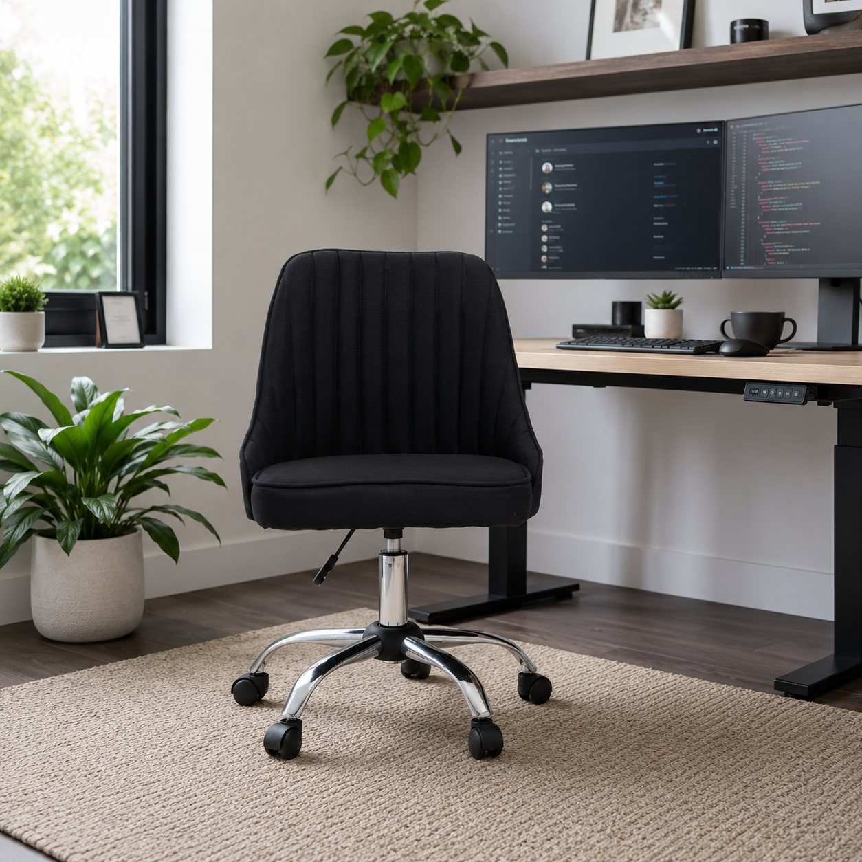 Fabric Channel-Tufted Jaasiel Black Swivel Chair | Chrome Base UK