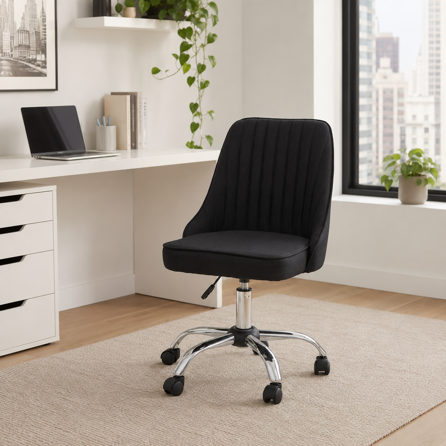Fabric Channel-Tufted Jaasiel Black Swivel Chair | Chrome Base UK