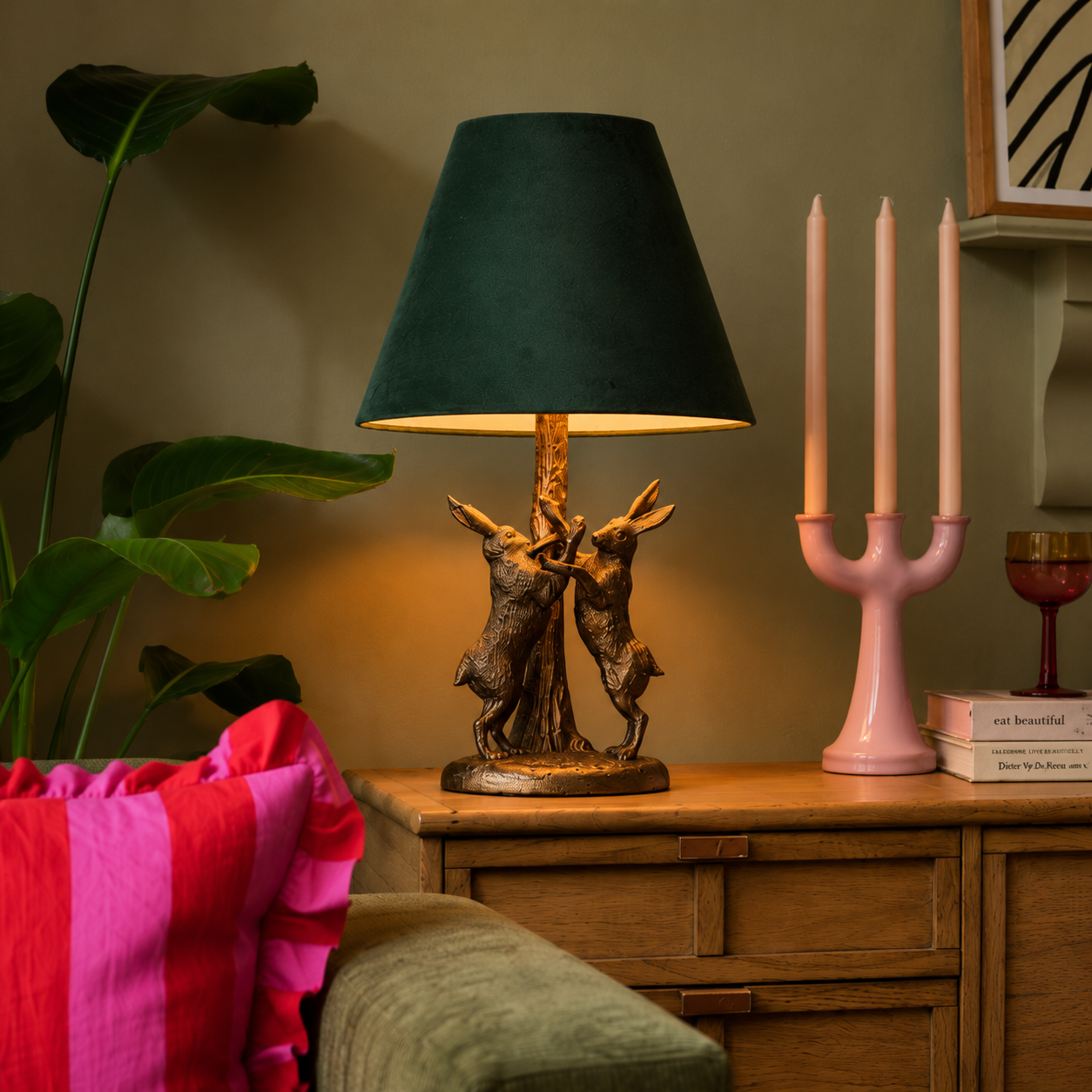 Bradley Antique Gold Hare Table Lamp Green Velvet Shade
