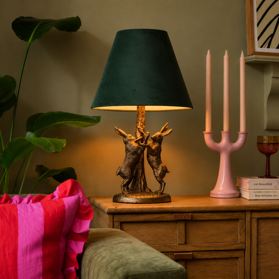 Bradley Antique Gold Hare Table Lamp Green Velvet Shade