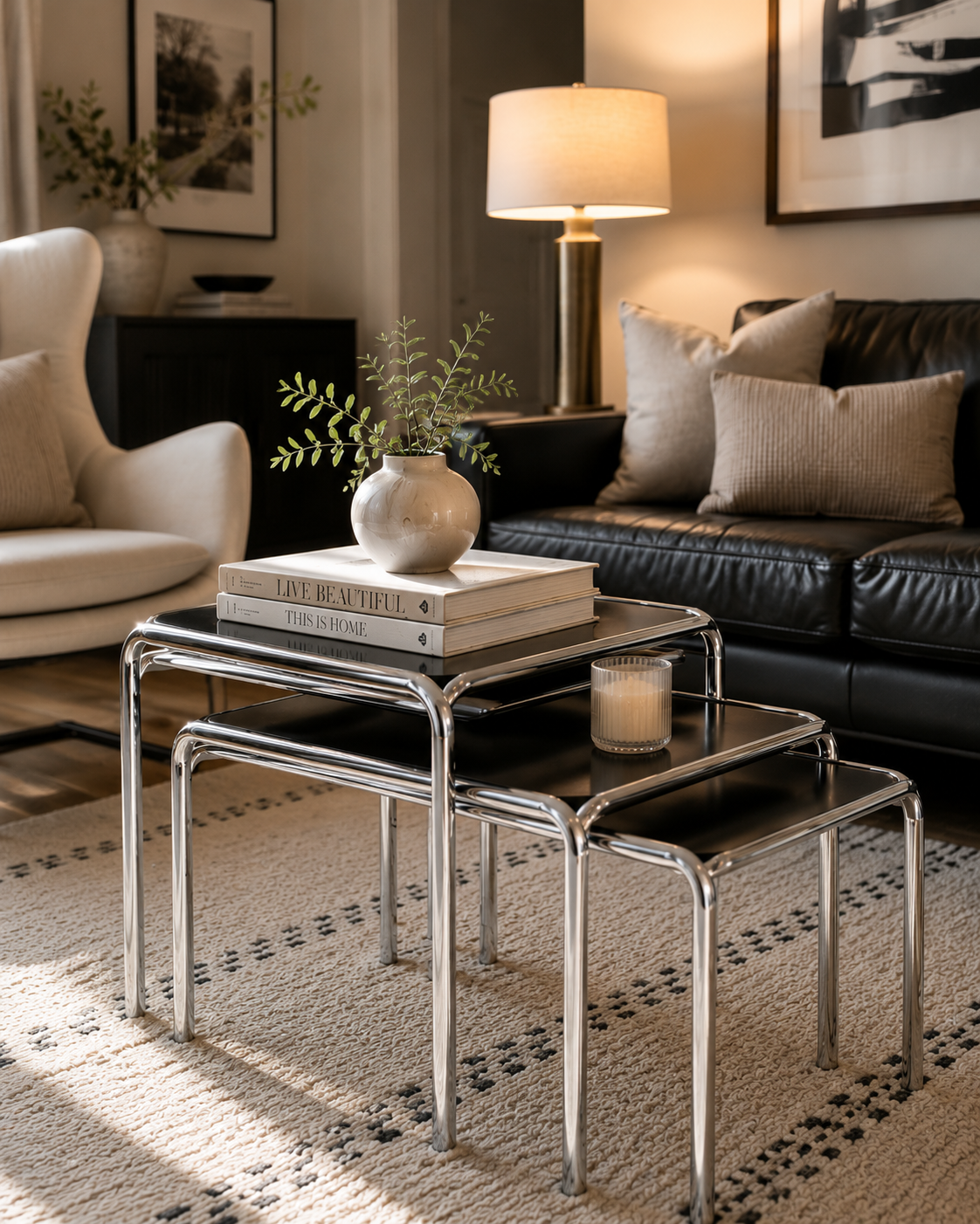 Cassie Set Of Three Black Glass Nest Of Tables