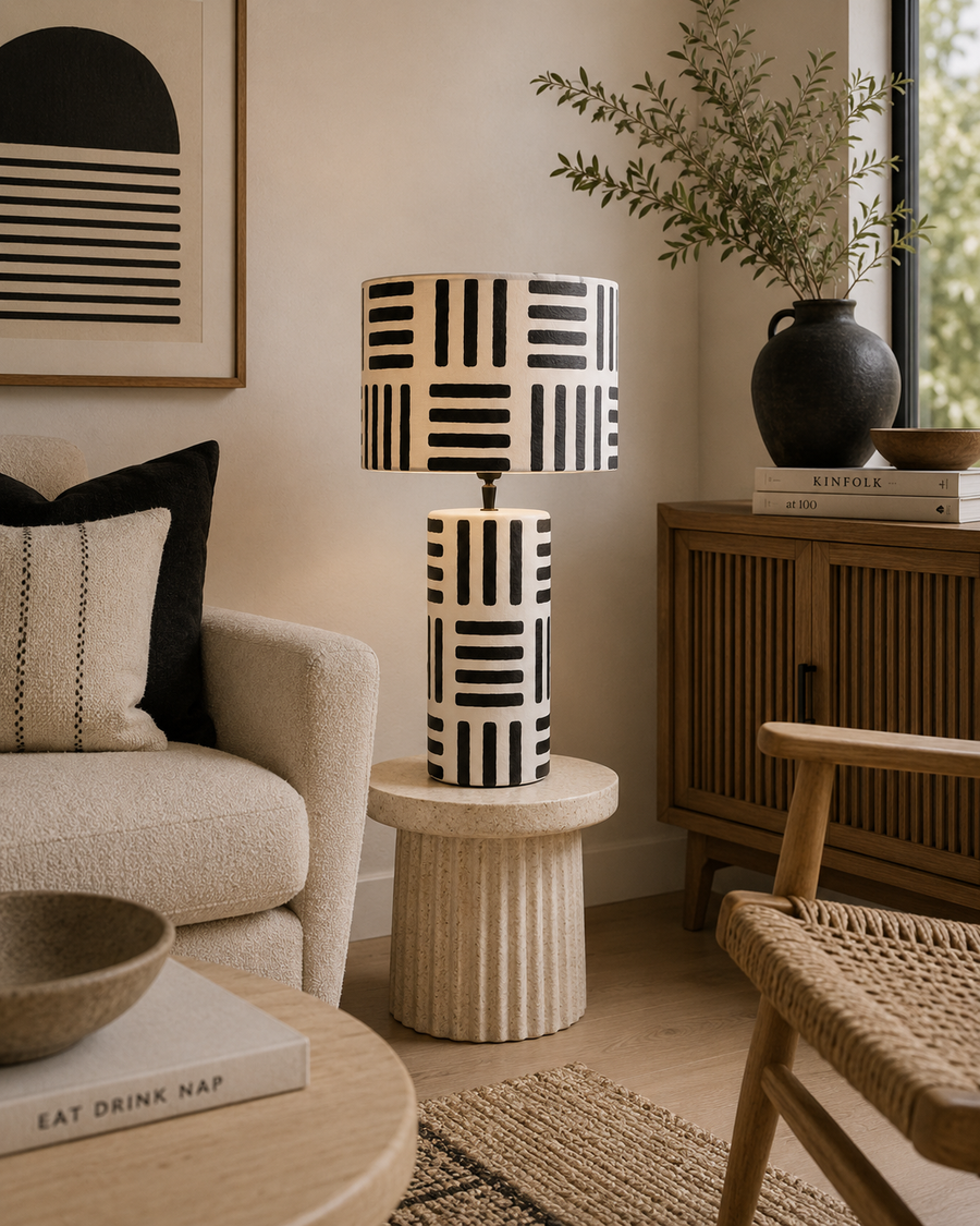 Eva Black And White Papier Mache Table Lamp with Geometric Lines