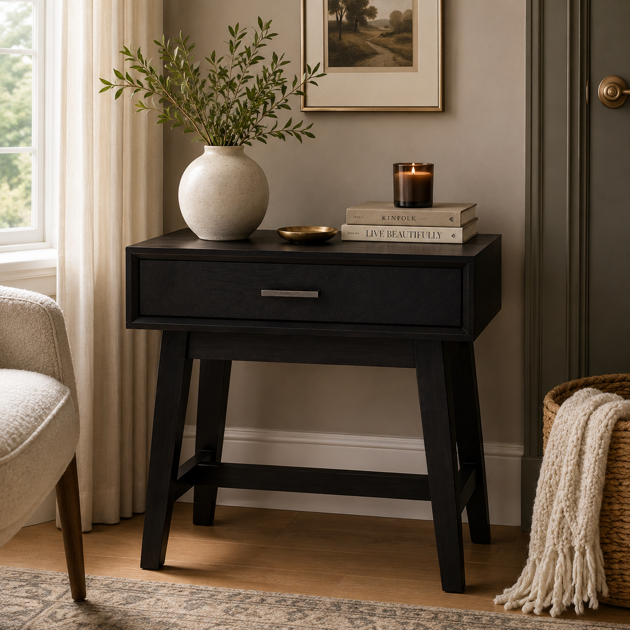 Remel One Drawer Black Wood Finish Side Table