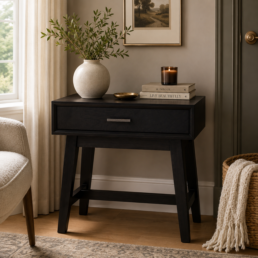 Remel One Drawer Black Wood Finish Side Table