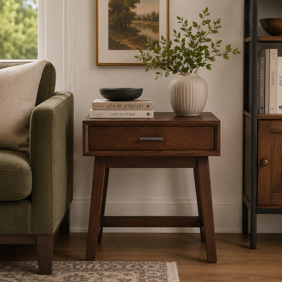 Remel One Drawer Walnut Wood Finish Side Table