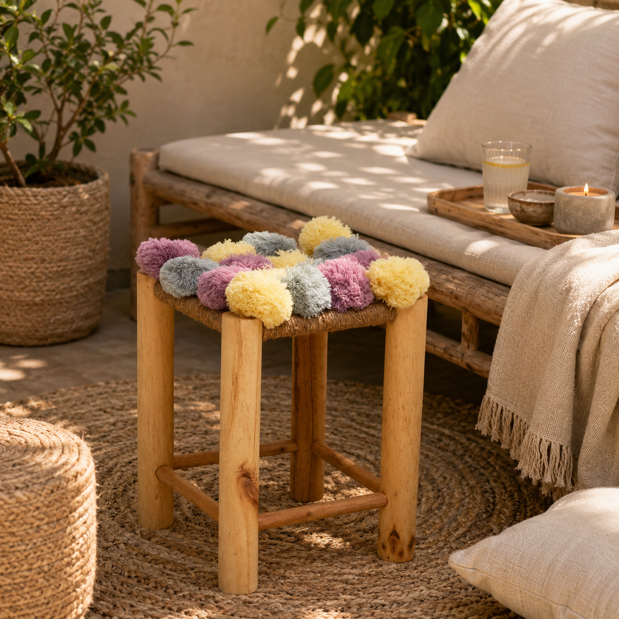 Eva Colourful Grey Beige And Pink Pom Pom Stool