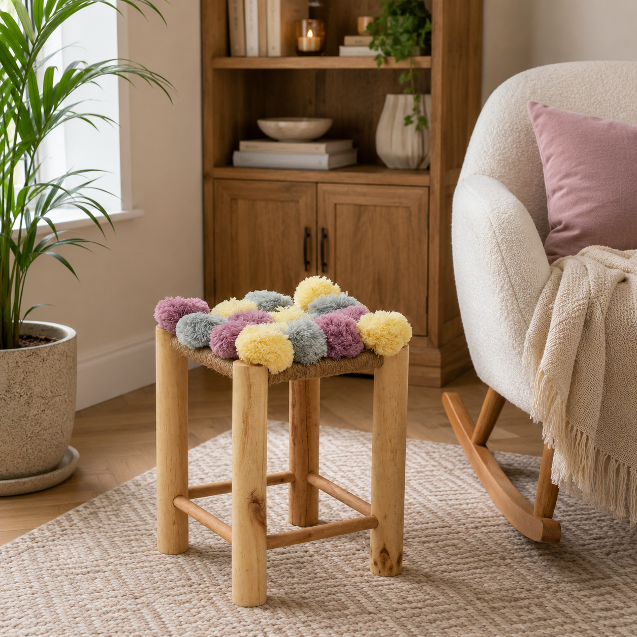 Eva Colourful Grey Beige And Pink Pom Pom Stool