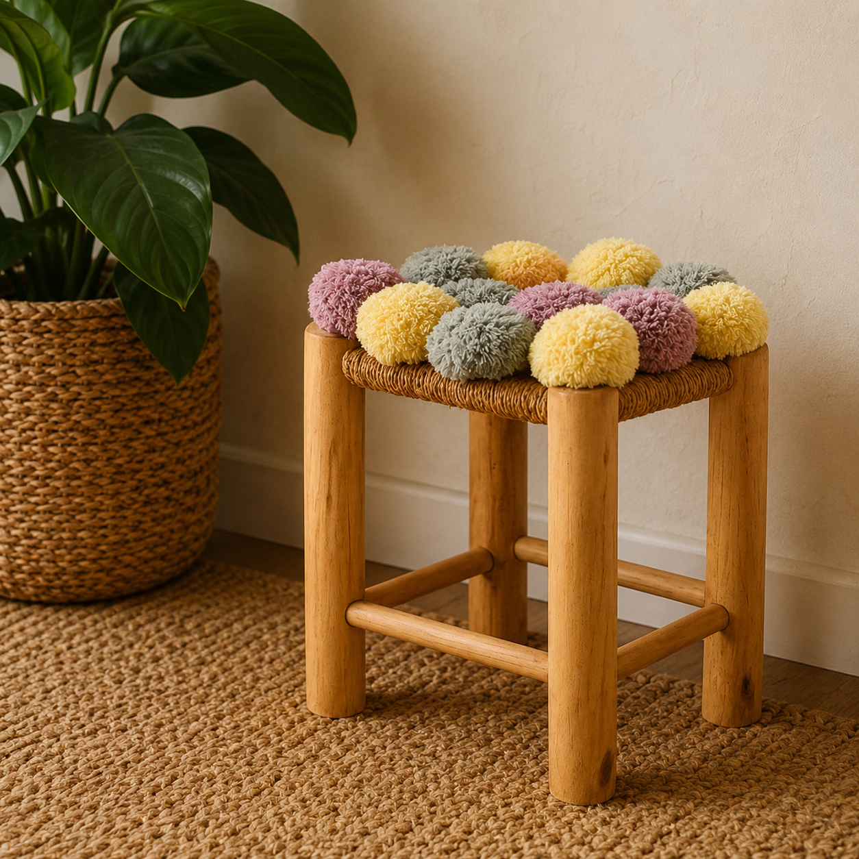 Eva Colourful Grey Beige And Pink Pom Pom Stool