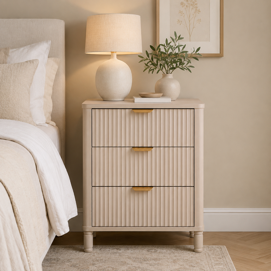 Mia Reed Detail Taupe Finish Three Drawer Chest