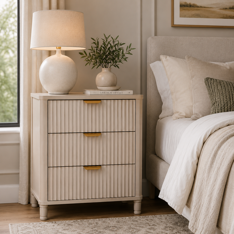 Mia Reed Detail Taupe Finish Three Drawer Chest