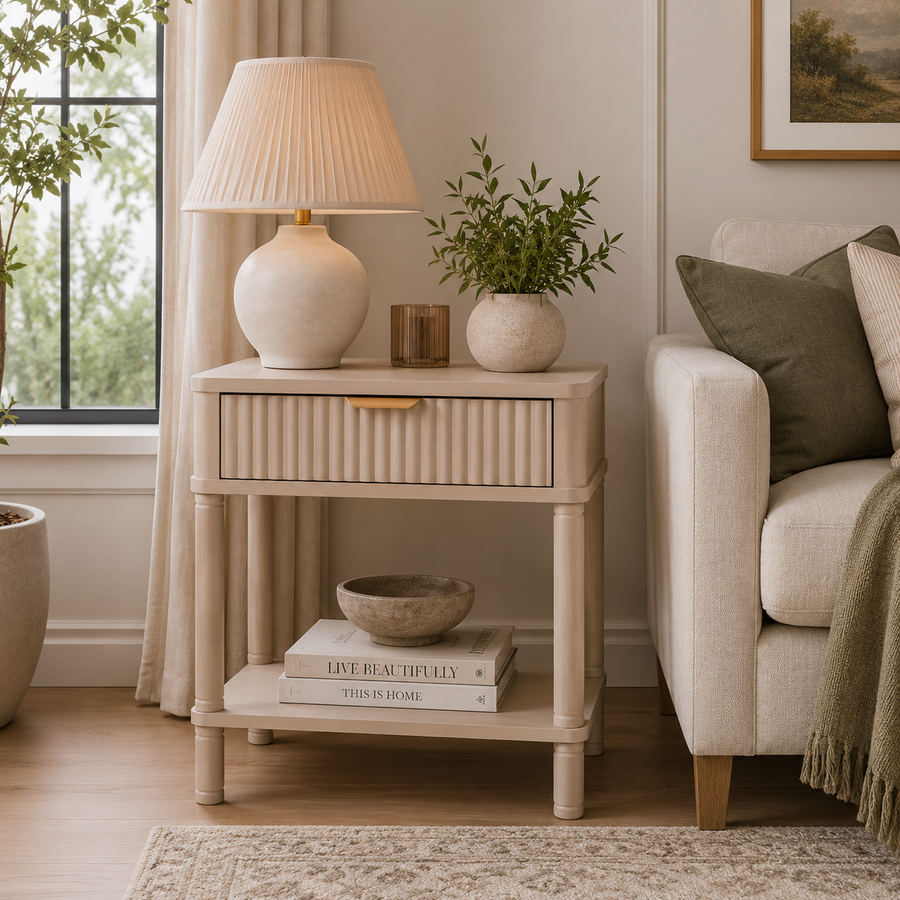 Classic John One Drawer Reed Detail Taupe Wood Side Table