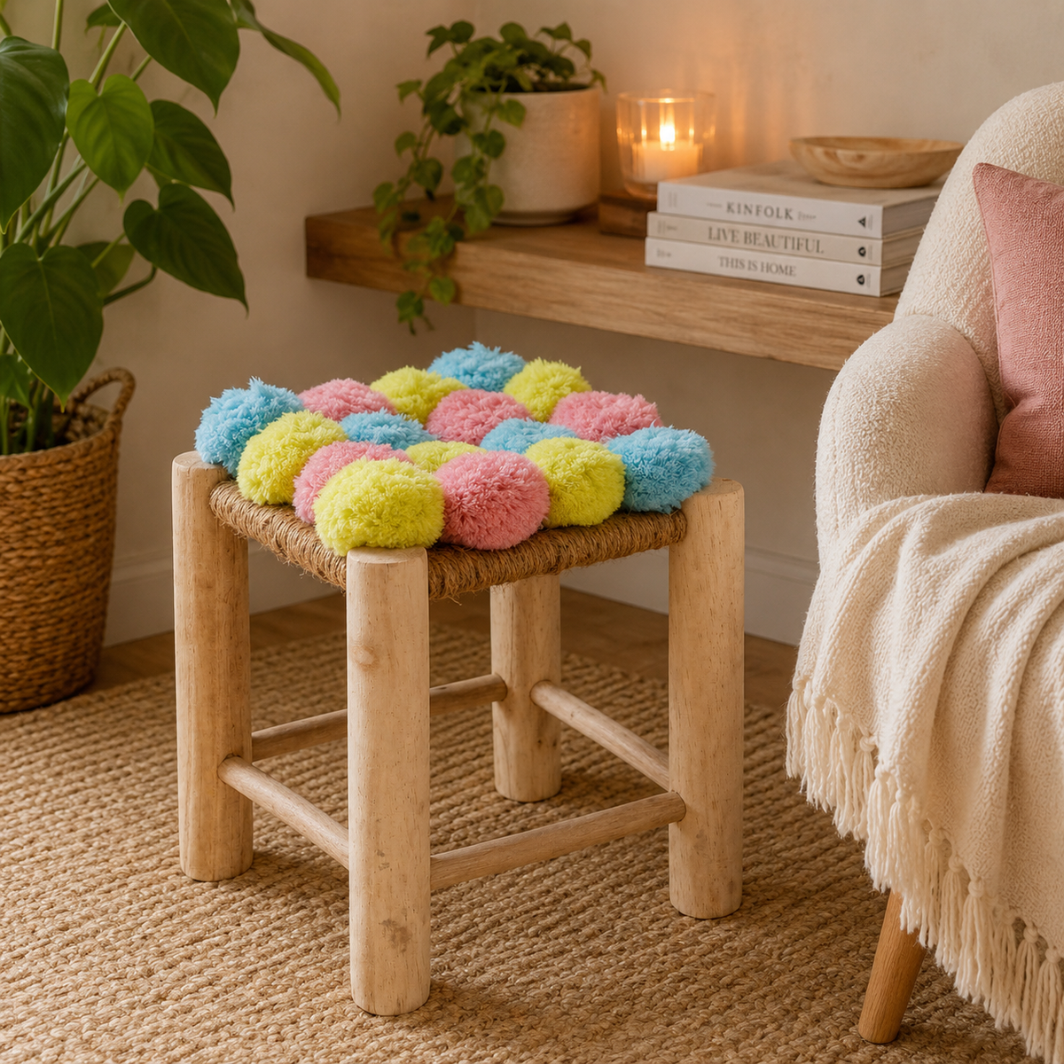 Eva Colourful Pink, Blue, And Yellow Pom Pom Stool
