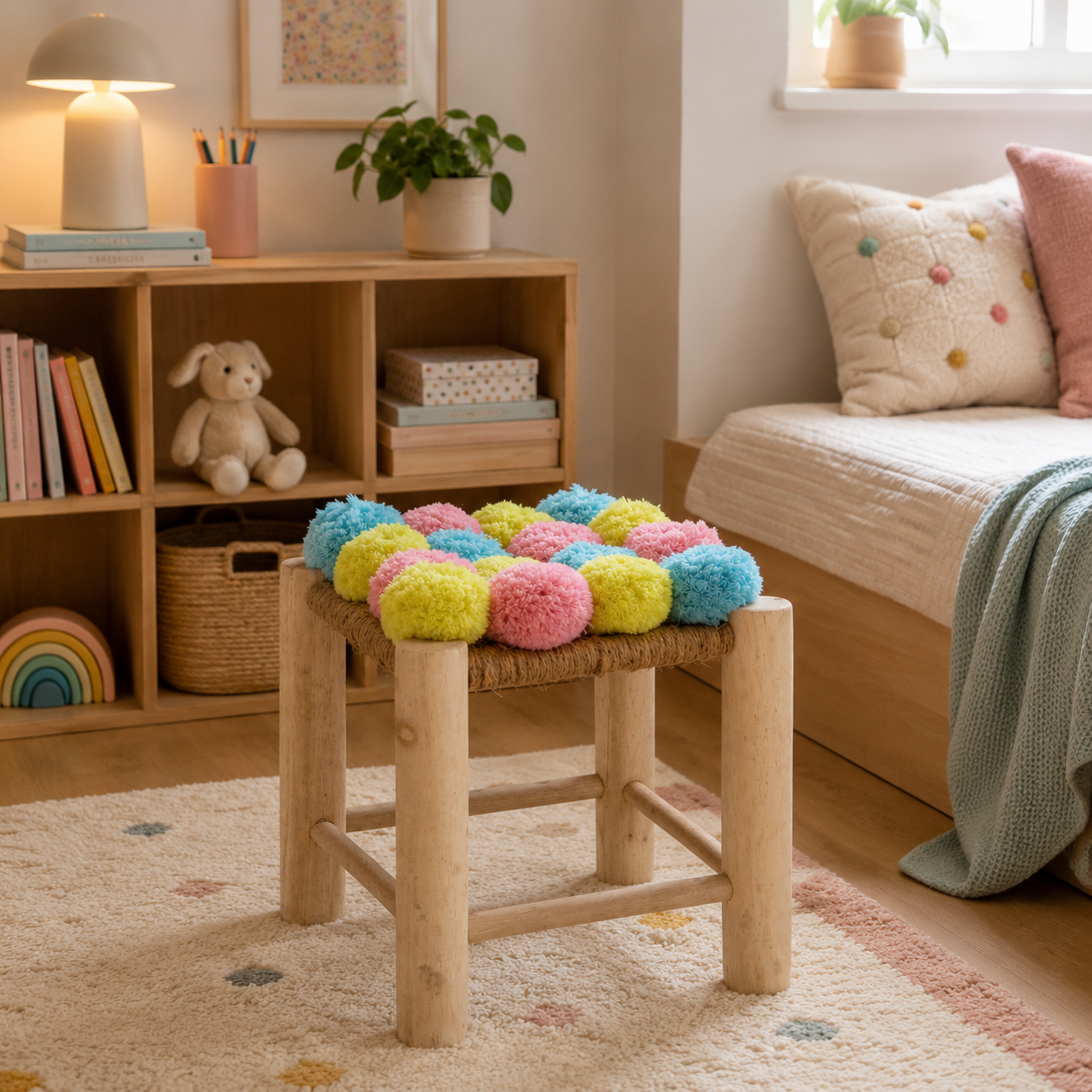 Eva Colourful Pink, Blue, And Yellow Pom Pom Stool