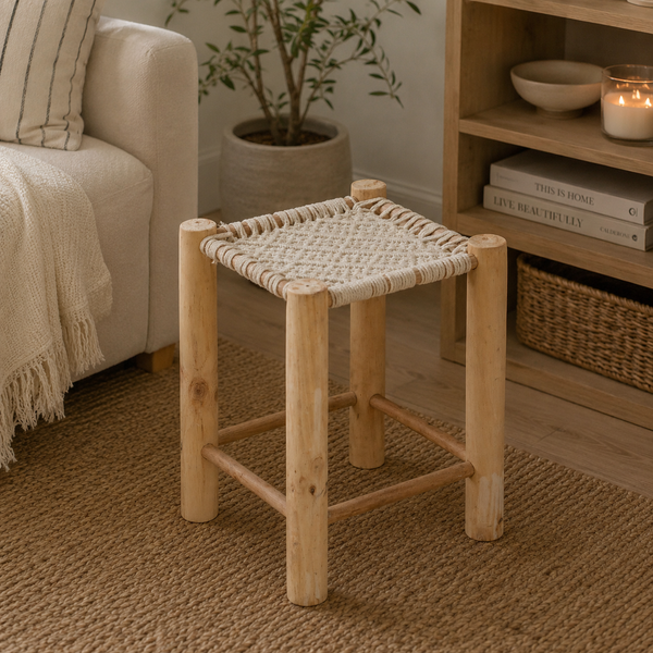 Eva Off White Pine Wood & Cotton Stool
