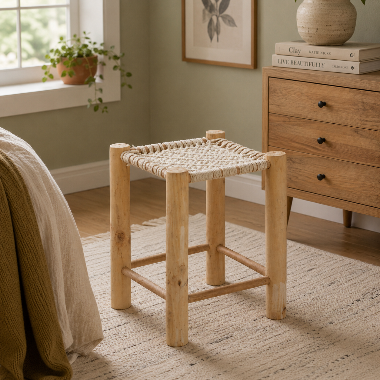Eva Off White Pine Wood & Cotton Stool