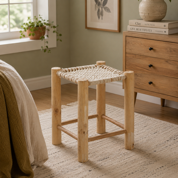 Eva Off White Pine Wood & Cotton Stool