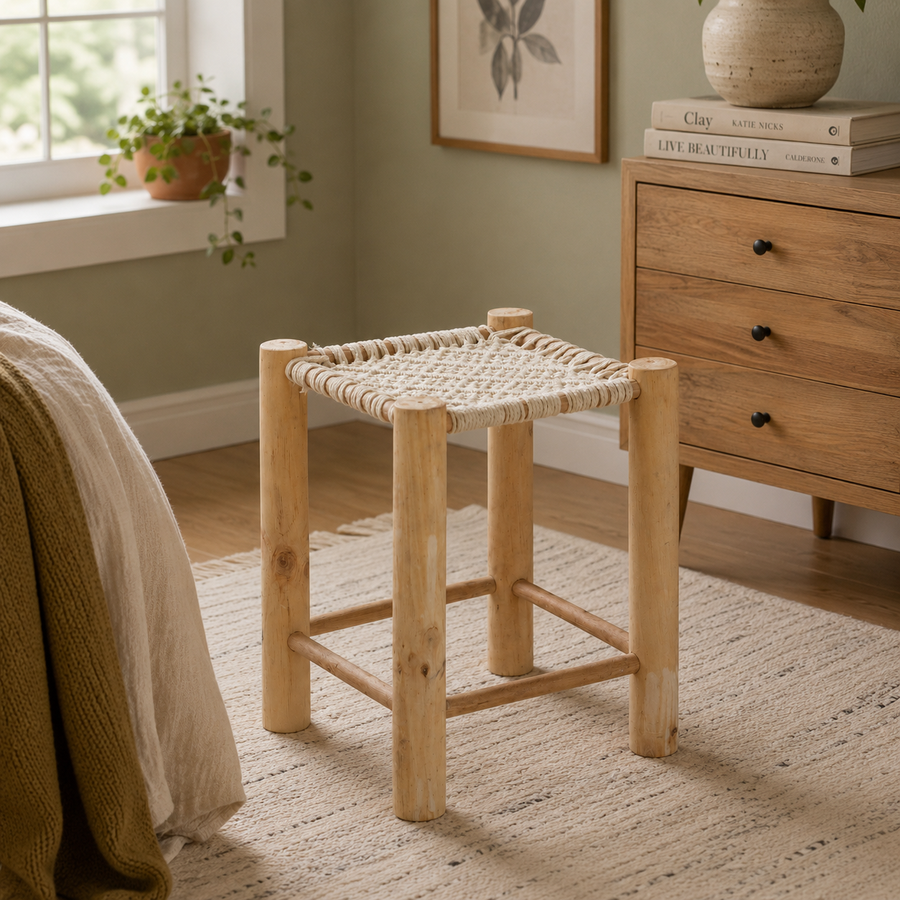 Eva Off White Pine Wood & Cotton Stool
