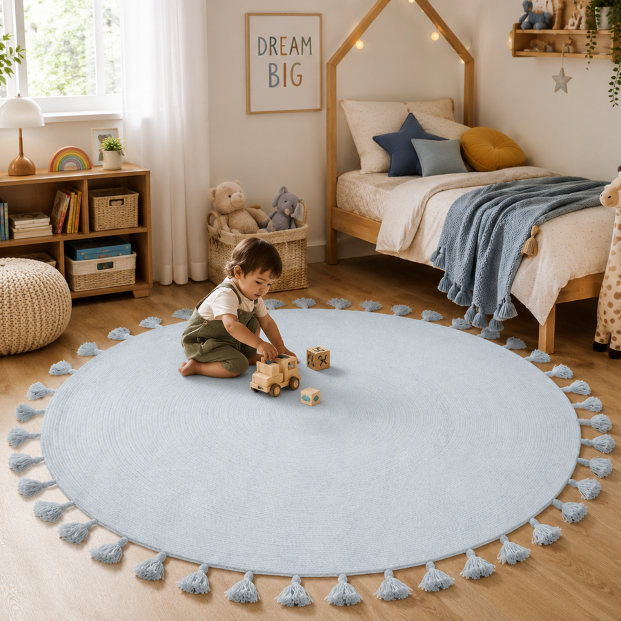 Mia Kids Blue Round Rug with Tassels