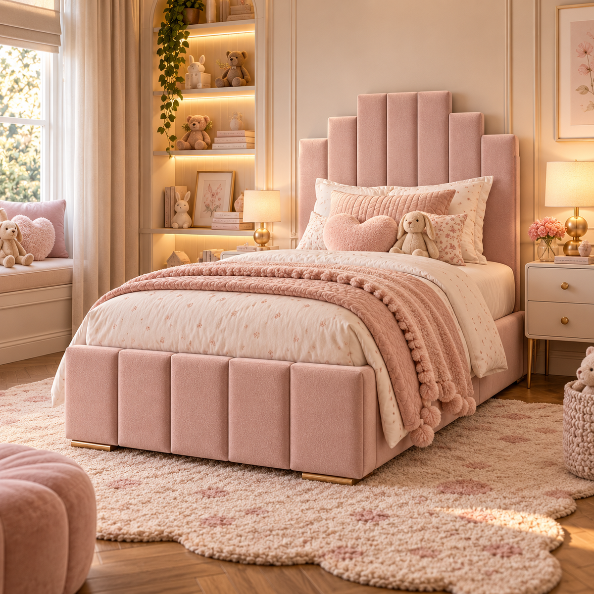 Kids Princess Castle Divan Bed in Plush Velvet Pink with Optional Side Drawers