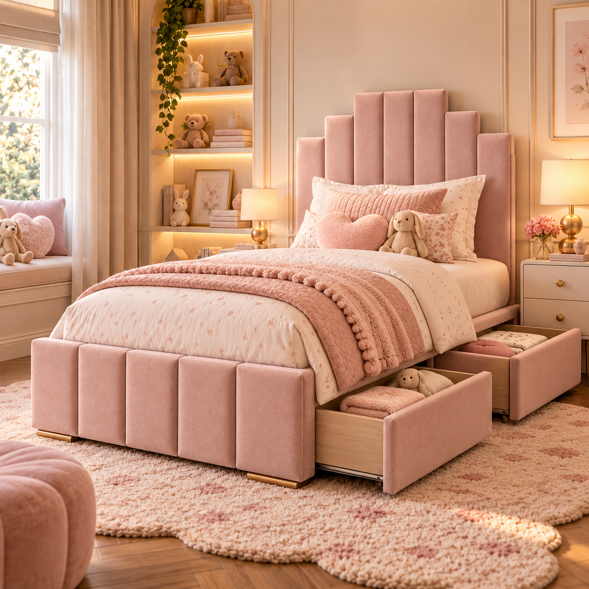 Kids Princess Castle Divan Bed in Plush Velvet Pink with Optional Side Drawers