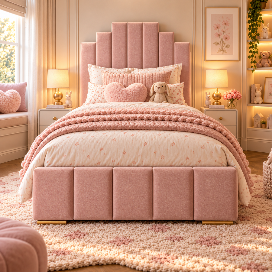 Kids Princess Castle Divan Bed in Plush Velvet Pink with Optional Side Drawers
