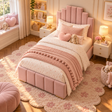 Kids Princess Castle Divan Bed in Plush Velvet Pink with Optional Side Drawers