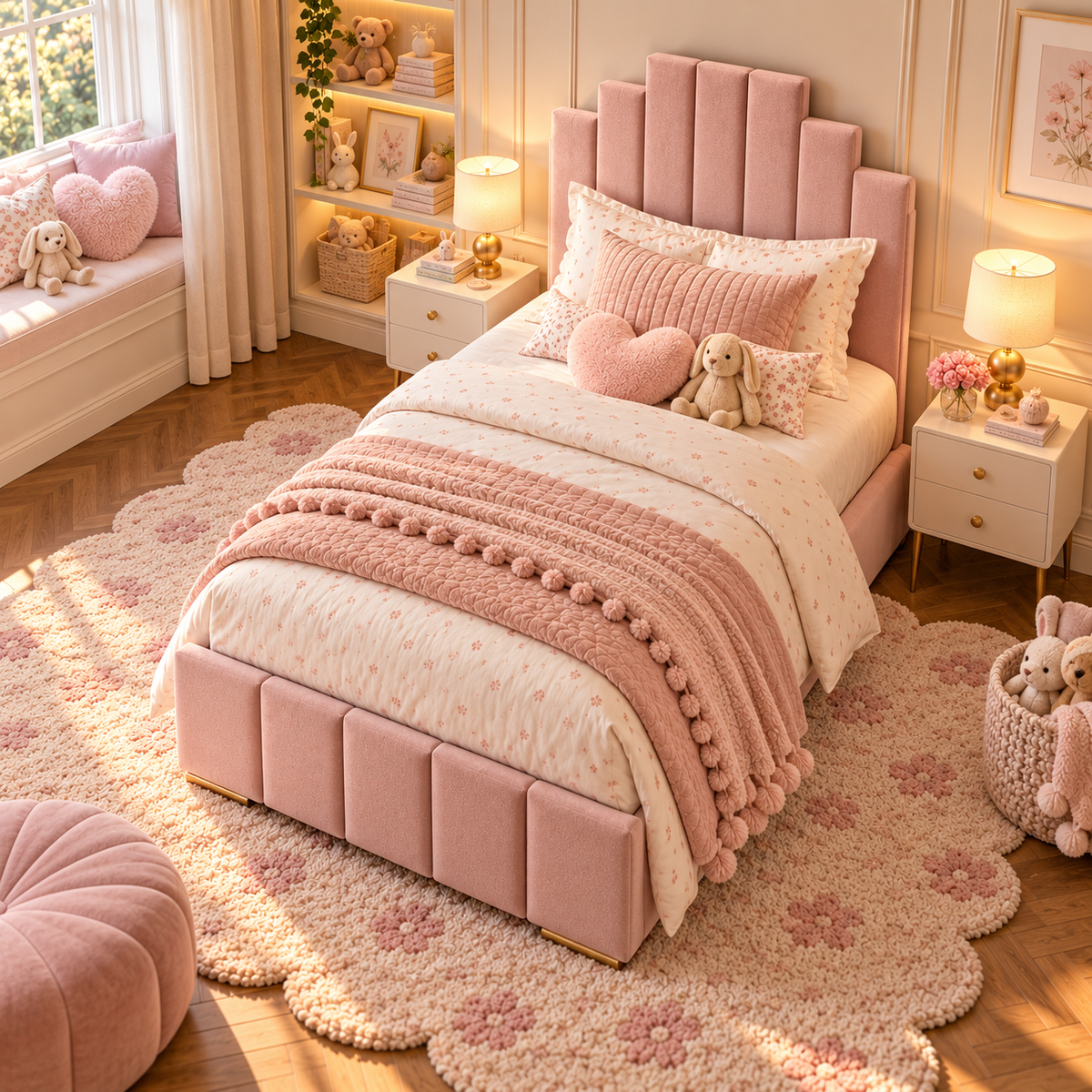 Kids Princess Castle Divan Bed in Plush Velvet Pink with Optional Side Drawers