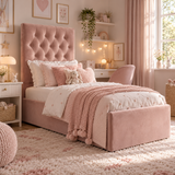 Kids Little Duchess Chesterfield Divan Bed in Plush Velvet Pink with Optional Side Drawers