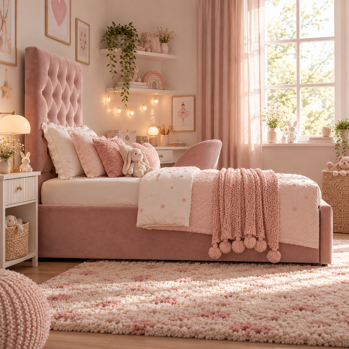 Kids Little Duchess Chesterfield Divan Bed in Plush Velvet Pink with Optional Side Drawers