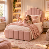 Kids Princess Castle Divan Bed in Plush Velvet Pink with Optional Side Drawers